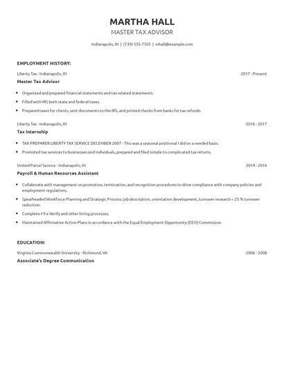 Master Tax Advisor Resume