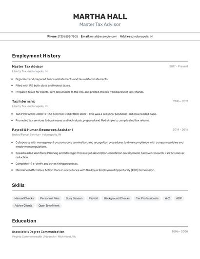 Master Tax Advisor Resume