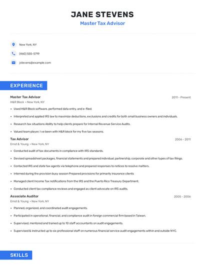 Master Tax Advisor Resume
