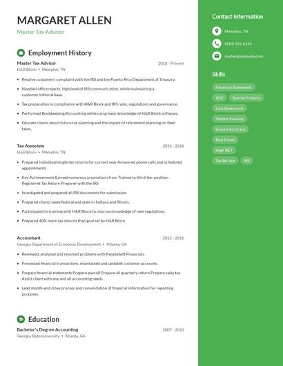 Master Tax Advisor Resume