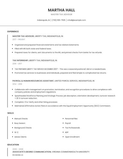 Master Tax Advisor Resume