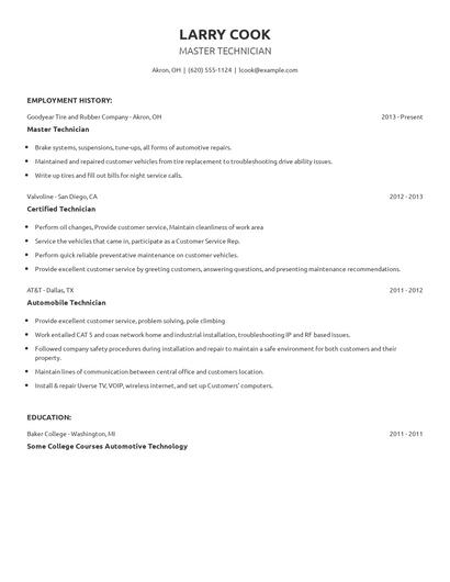 Master Technician Resume