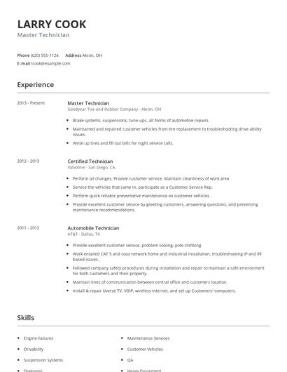 Master Technician Resume