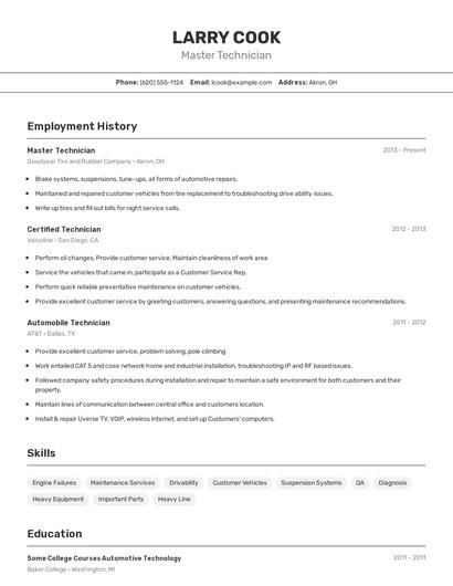 Master Technician Resume