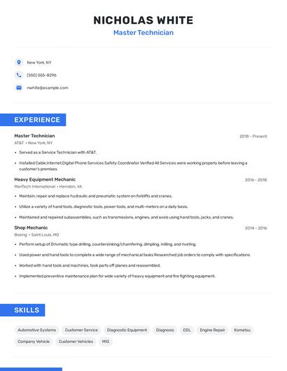 Master Technician Resume