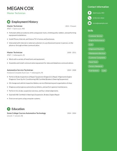 Master Technician Resume