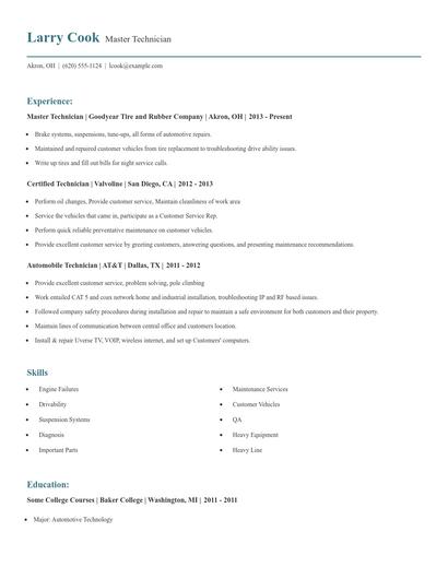 Master Technician Resume