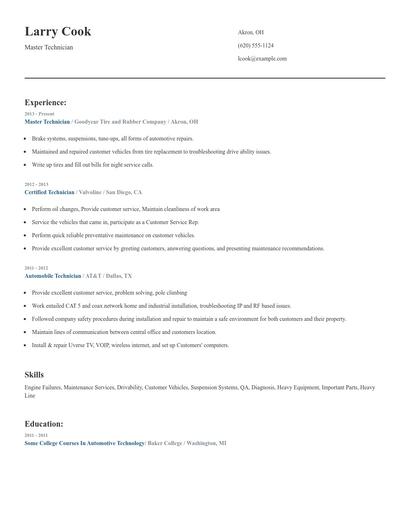 Master Technician Resume