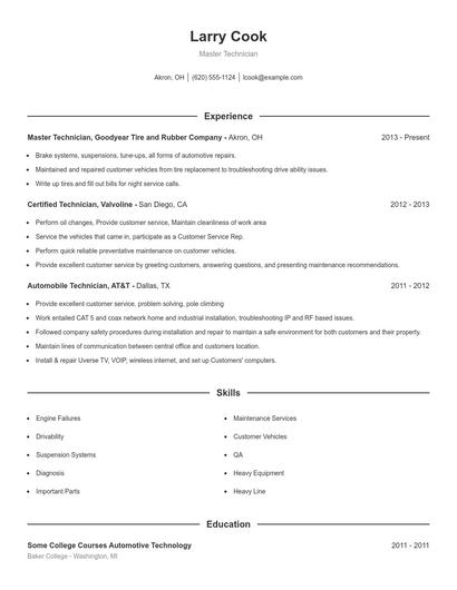 Master Technician Resume