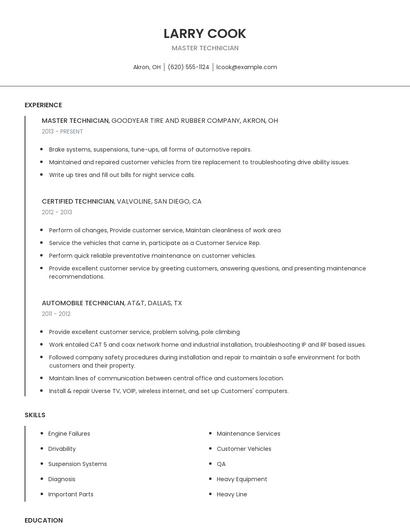 Master Technician Resume