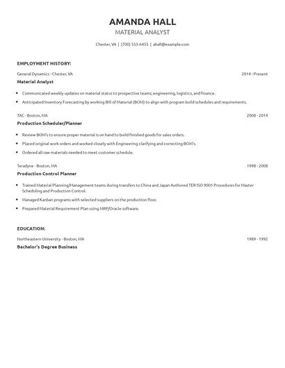 Material Analyst Resume