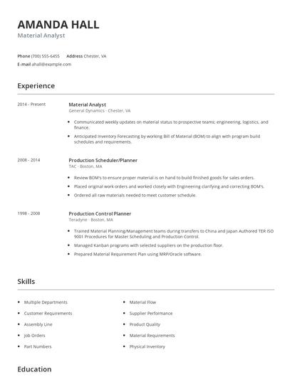 Material Analyst Resume