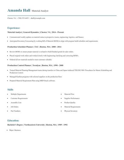 Material Analyst Resume