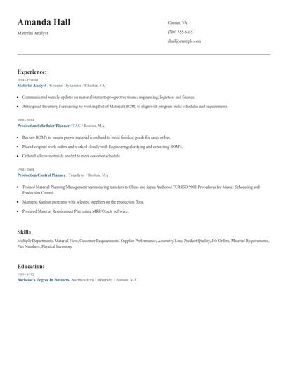 Material Analyst Resume