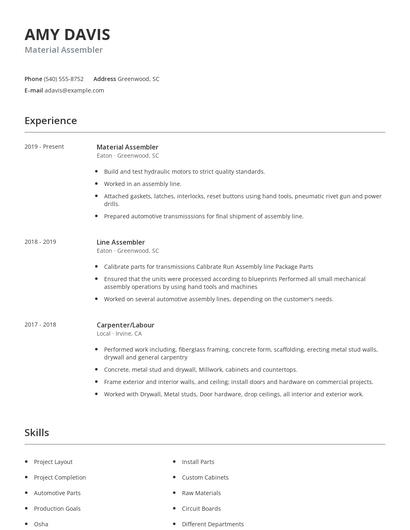 Material Assembler Resume