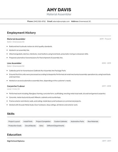Material Assembler Resume