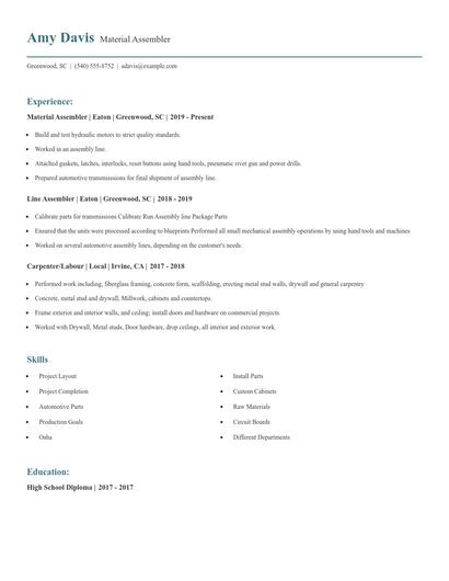 Material Assembler Resume