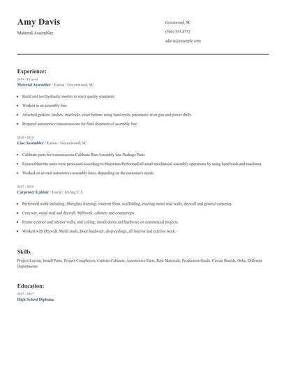 Material Assembler Resume