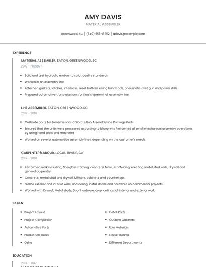 Material Assembler Resume