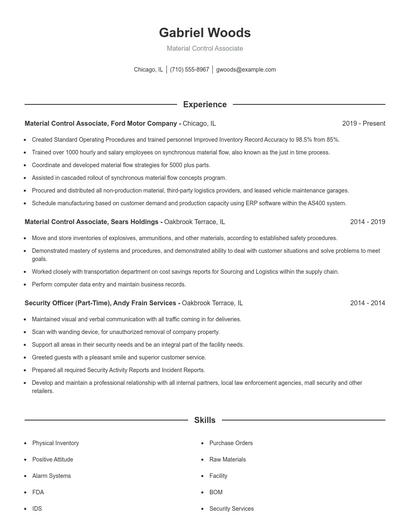 Material Control Associate Resume