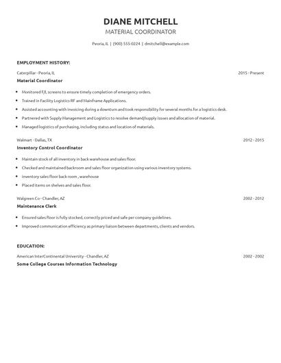 Material Coordinator Resume