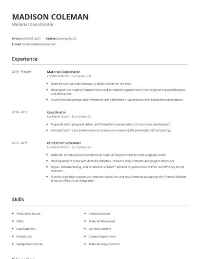 Material Coordinator Resume