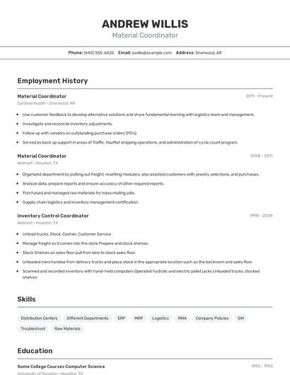 Material Coordinator Resume