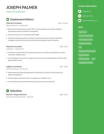 Material Coordinator Resume