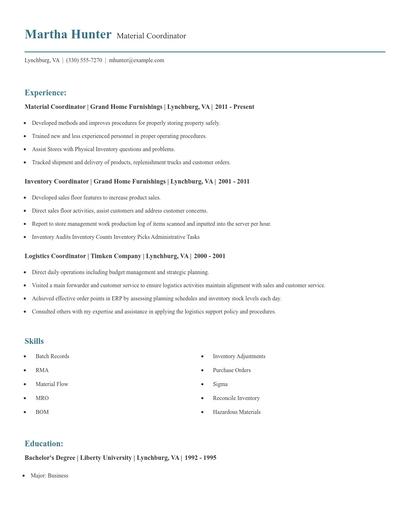 Material Coordinator Resume