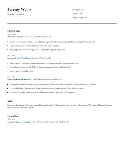 Material Coordinator Resume