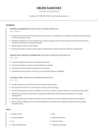 Material Coordinator Resume