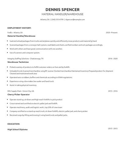 Material Handler/Warehouse Resume