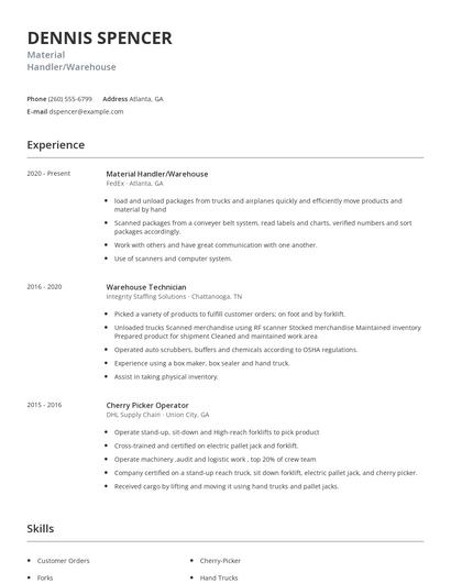 Material Handler/Warehouse Resume