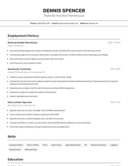 Material Handler/Warehouse Resume