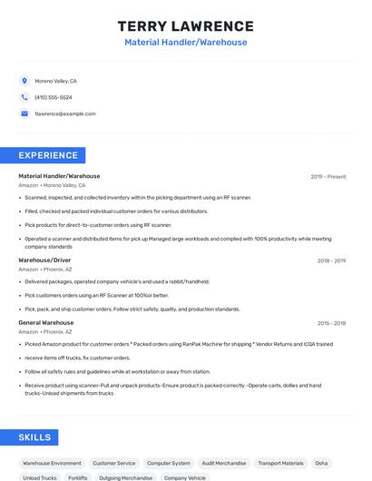 Material Handler/Warehouse Resume