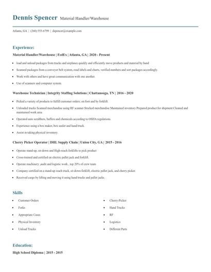 Material Handler/Warehouse Resume