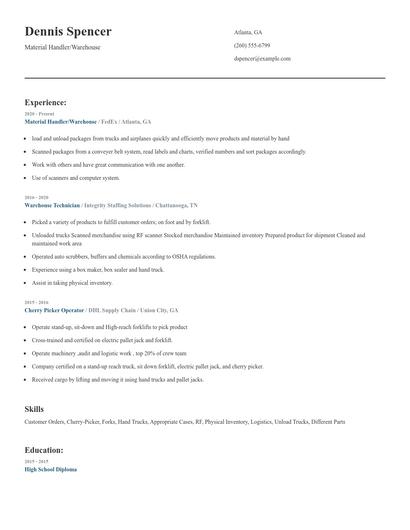 Material Handler/Warehouse Resume