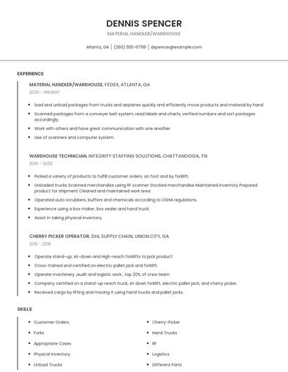 Material Handler/Warehouse Resume