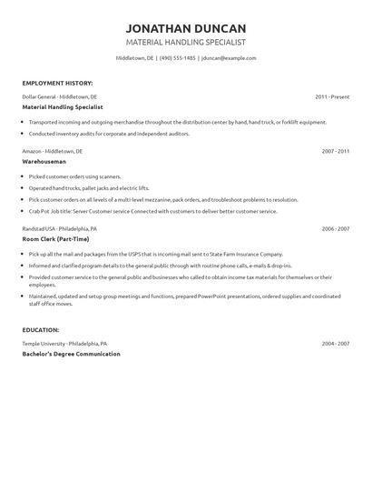 Material Handling Specialist Resume