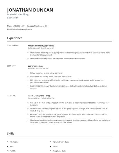 Material Handling Specialist Resume