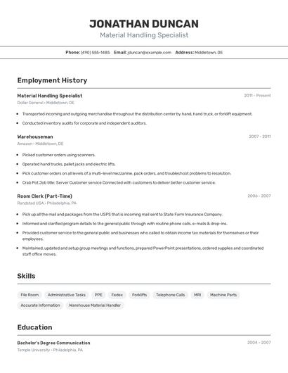 Material Handling Specialist Resume