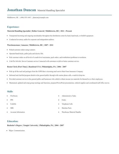 Material Handling Specialist Resume