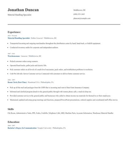 Material Handling Specialist Resume