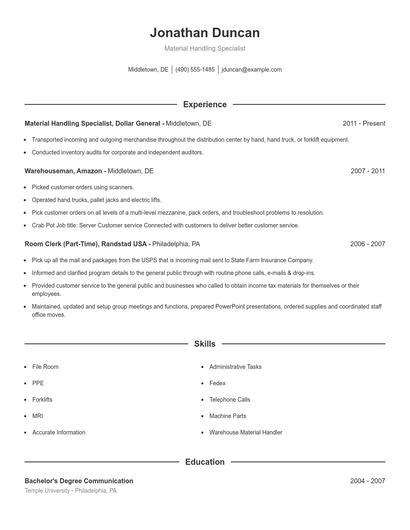 Material Handling Specialist Resume