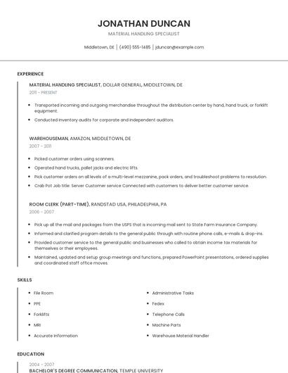 Material Handling Specialist Resume