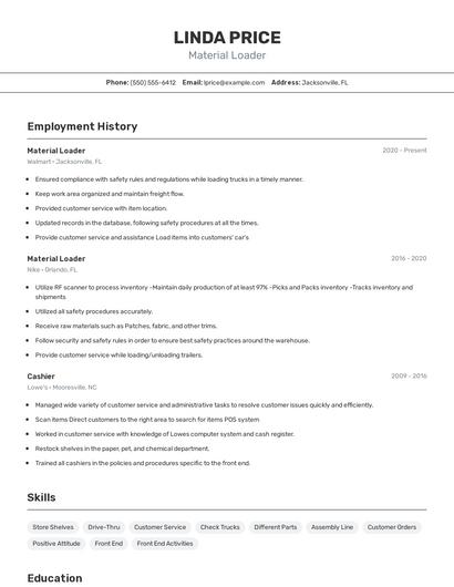 Material Loader Resume