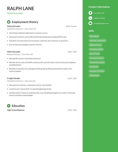 Material Loader Resume