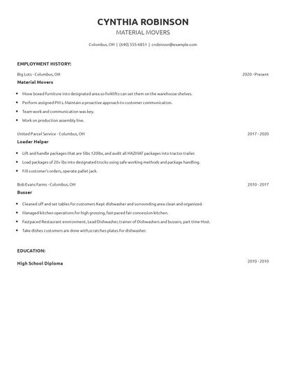 Material Movers Resume