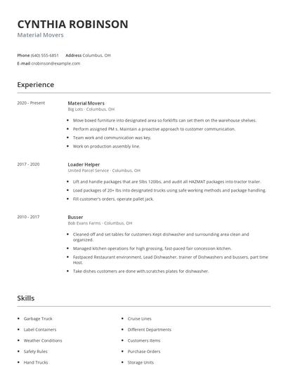 Material Movers Resume
