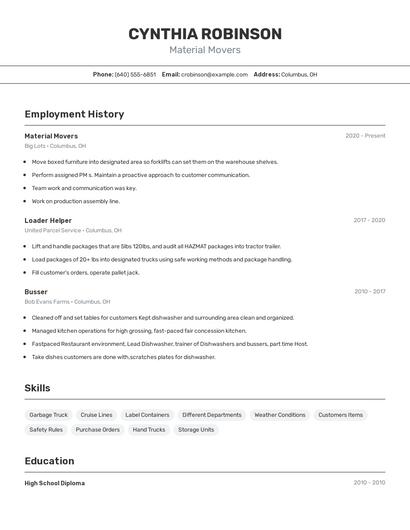 Material Movers Resume